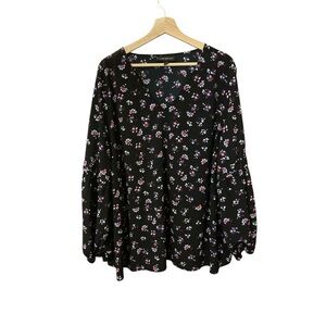 Lane Bryant 26 Black Floral Blouse Bell Sleeves, Plus Size Boho Top NWOT 3XL